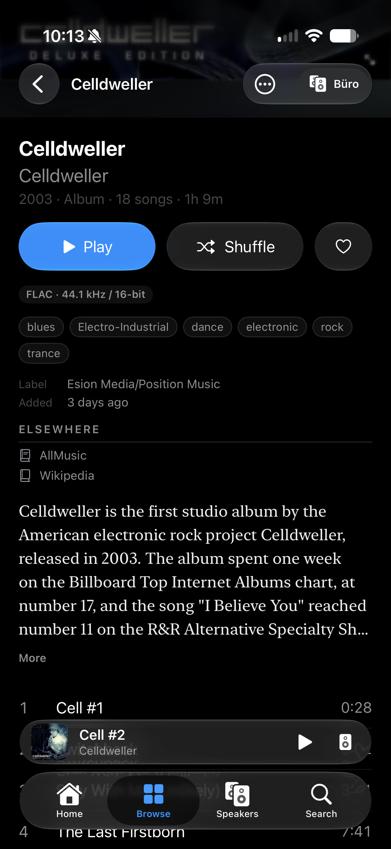 Klanghaus album view for Celldweller, showing lossless format, genres, label, sources, album notes and tracks