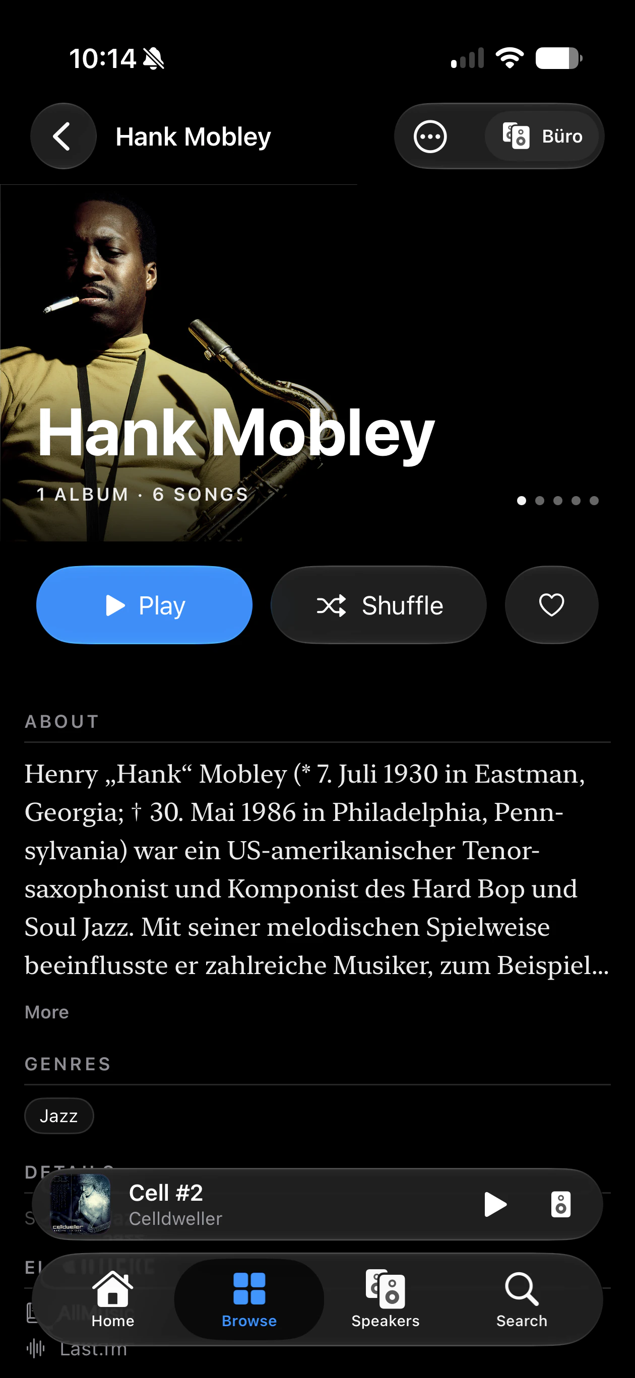 Klanghaus artist view for Hank Mobley, showing a full-width portrait, biography, genre and sources